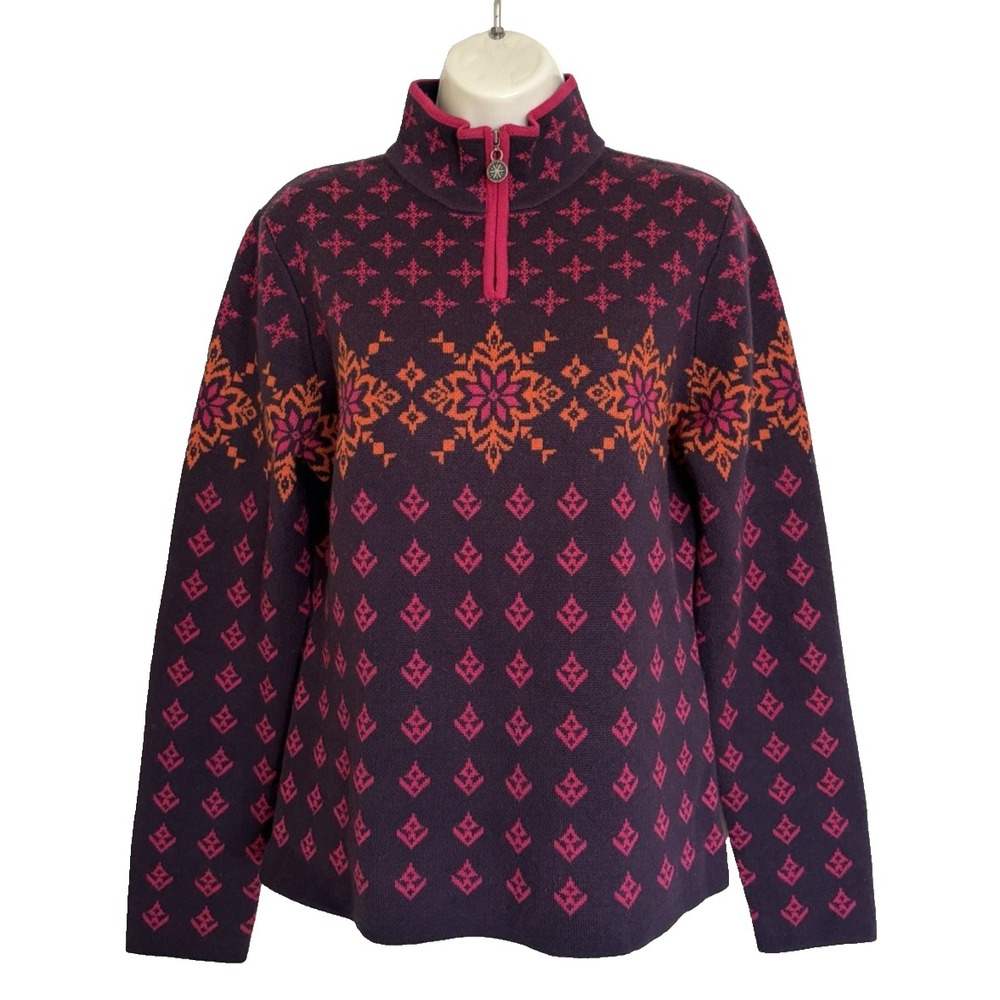 NEW Neve 100% Wool 1/4 Zip Fair Isle Knit Sweater Women's M Purple Pink Nordic